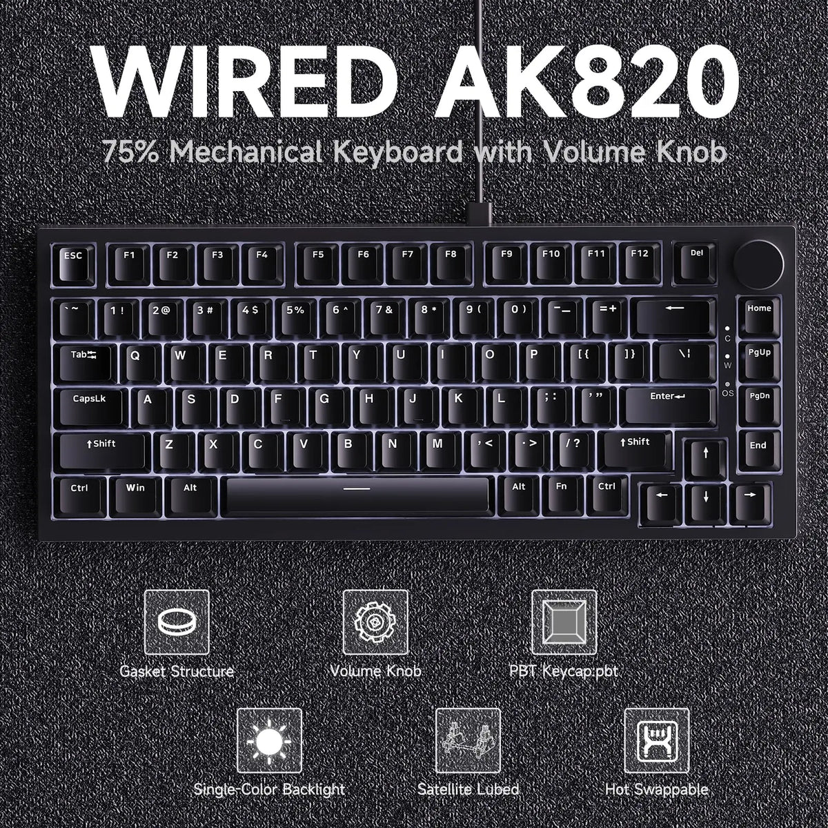 AK820 Red-Switch Mechanical Gaming Keyboard, 75% Layout, Hot-Swappable Switches, Featuring a USB-C Port, White Backlighting, Fiv