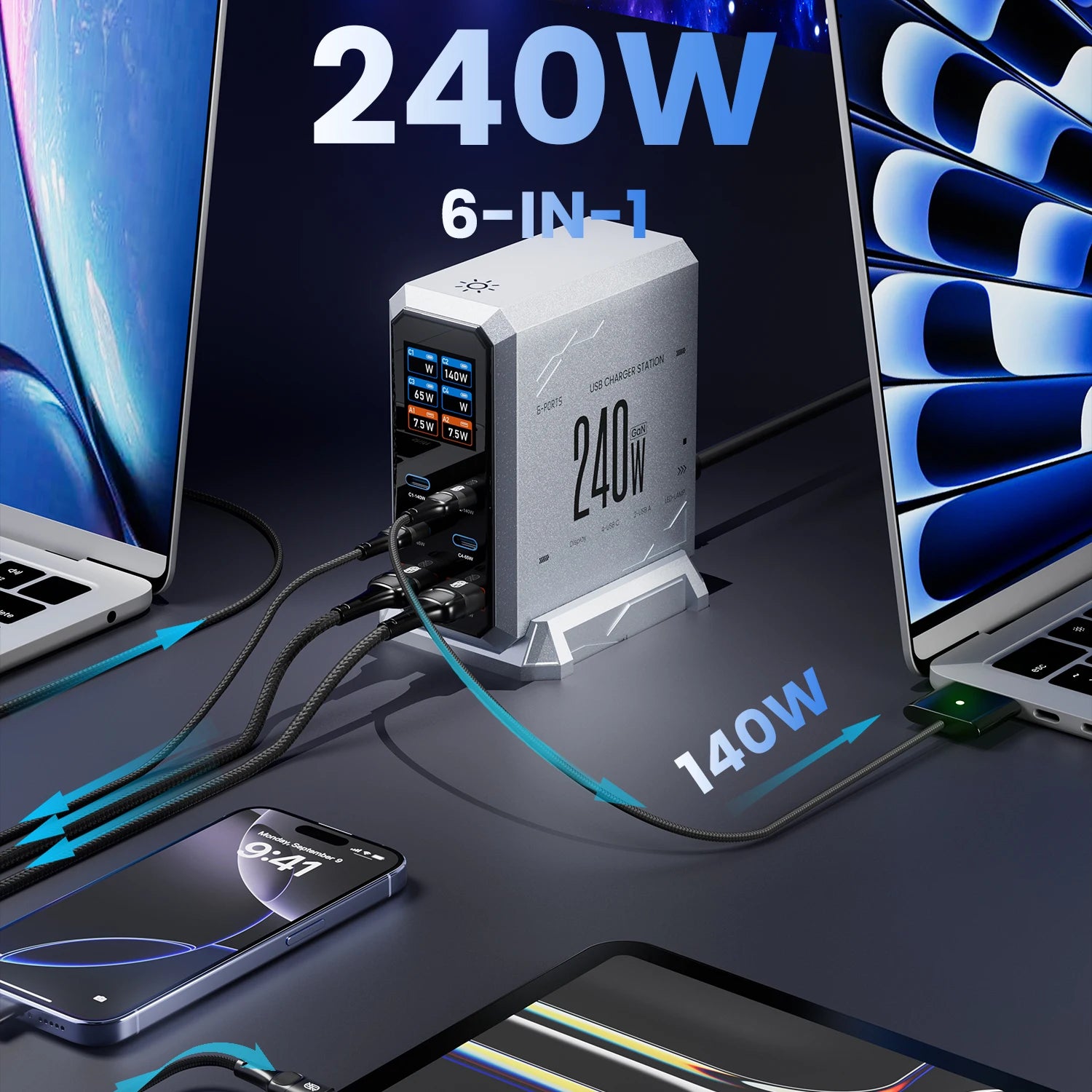 240W GaN Charger PD3.1 140W USB Type C 6 Ports PPS PD Desktop Fast Charging Station for MacBook Laptops Tablet iPhone Samsung
