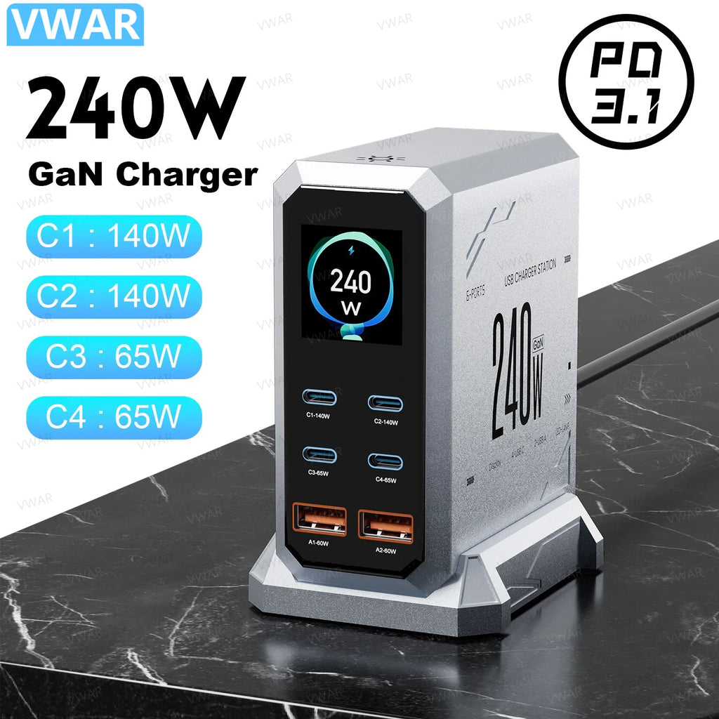 240W GaN Charger PD3.1 140W USB Type C 6 Ports PPS PD Desktop Fast Charging Station for MacBook Laptops Tablet iPhone Samsung