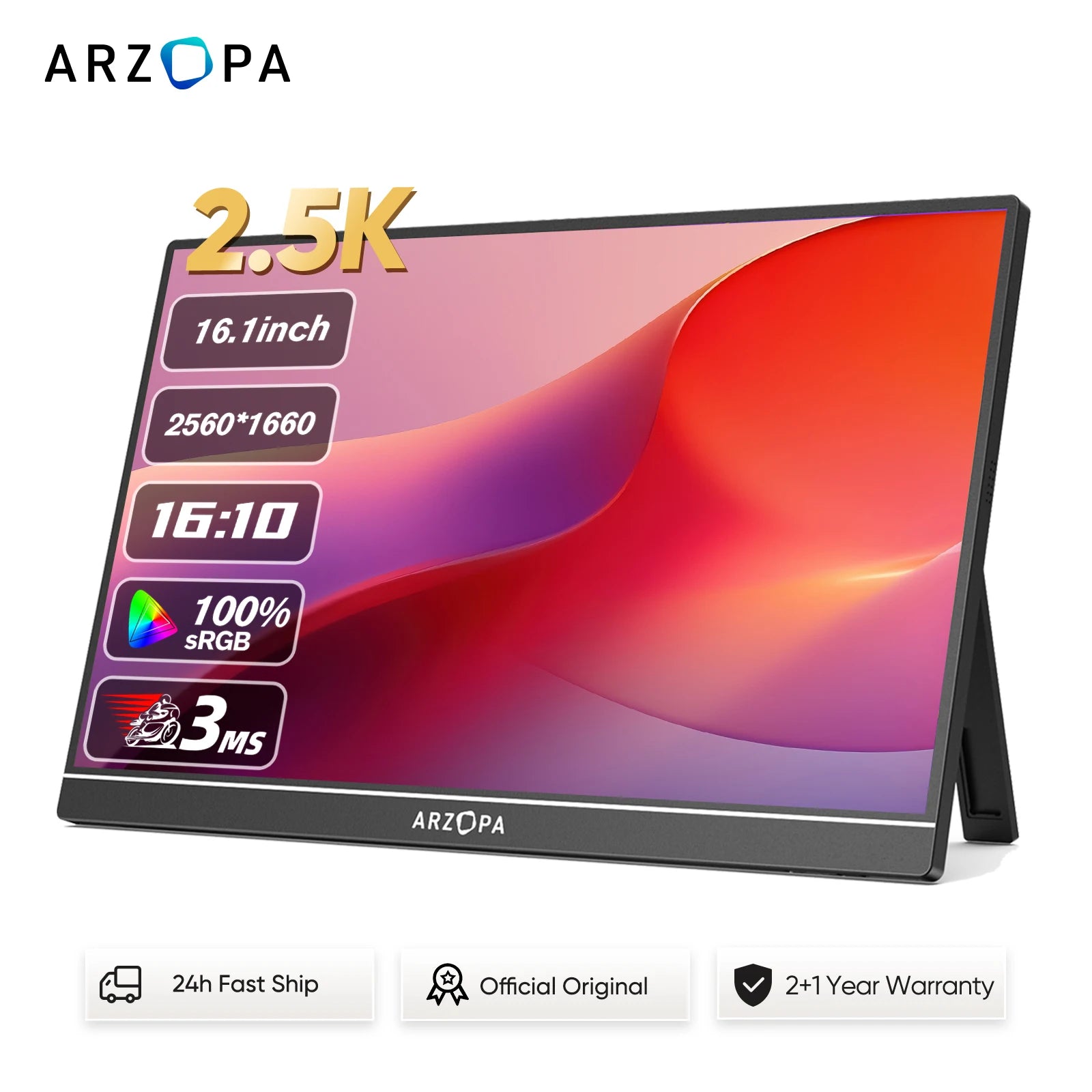ARZOPA 16inch 2K Portable Monitor 16:10 IPS Screen with type-c mini hdmi Second Display for MAC/Laptop/PC/Xbox/PS4/5/Switch,Z1RC