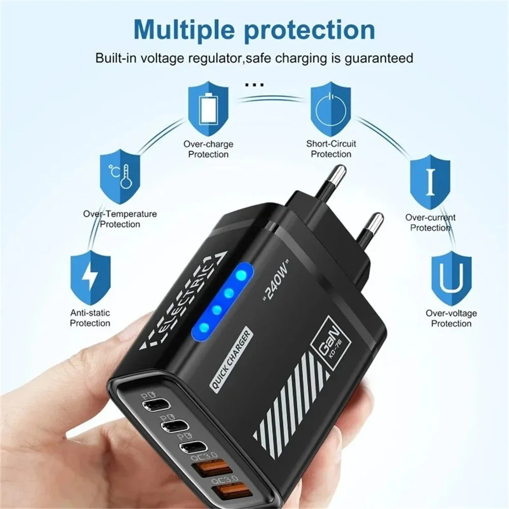 Desktop GaN Charger 240W 5-in-1 Fast Charging Charger 3PD 2USB for iPhone Samsung Xiaomi Tablet EU/US/UK Plug Wall Adapter