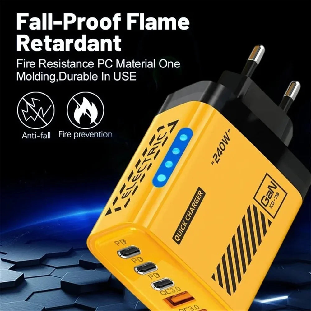 Desktop GaN Charger 240W 5-in-1 Fast Charging Charger 3PD 2USB for iPhone Samsung Xiaomi Tablet EU/US/UK Plug Wall Adapter