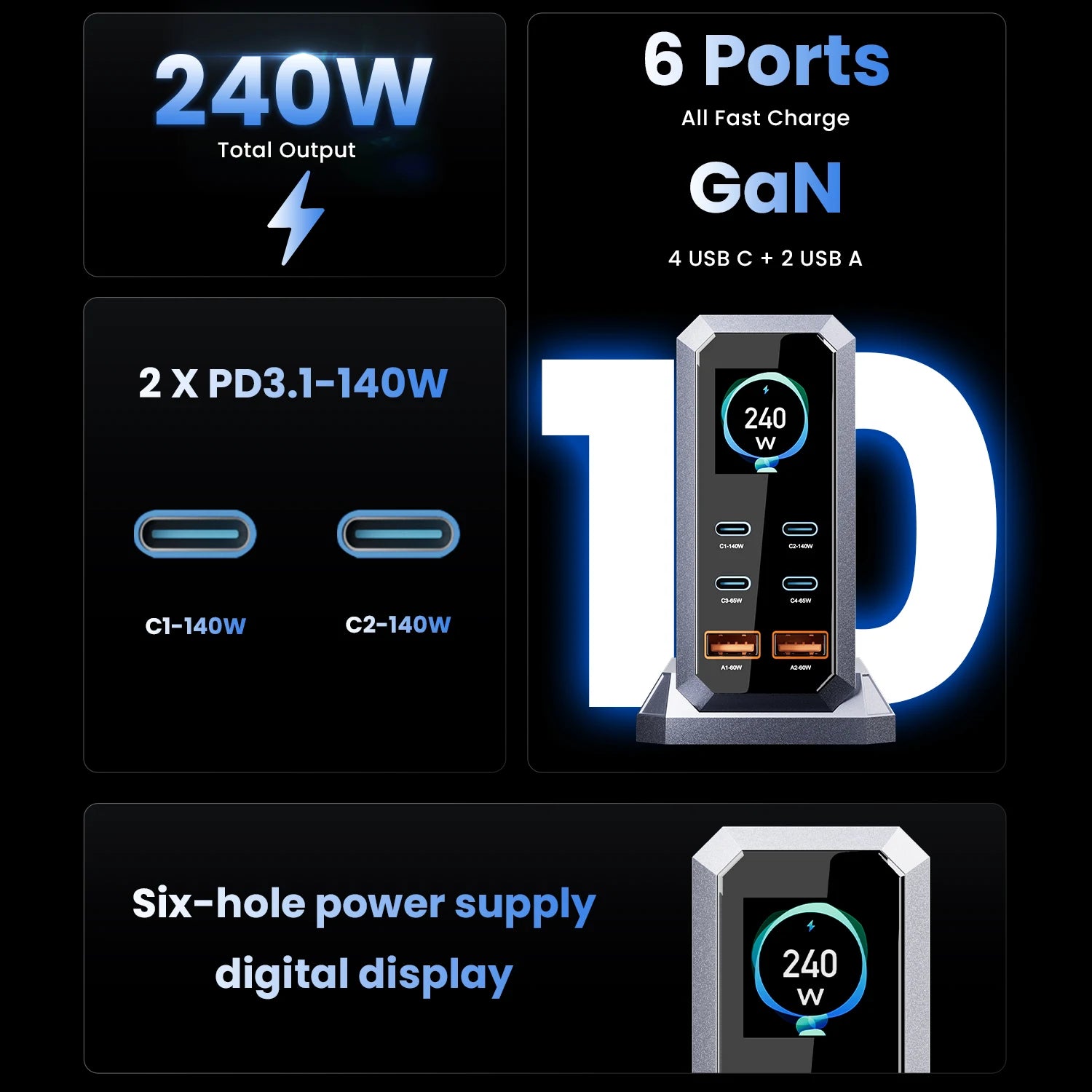 240W GaN Charger PD3.1 140W USB Type C 6 Ports PPS PD Desktop Fast Charging Station for MacBook Laptops Tablet iPhone Samsung