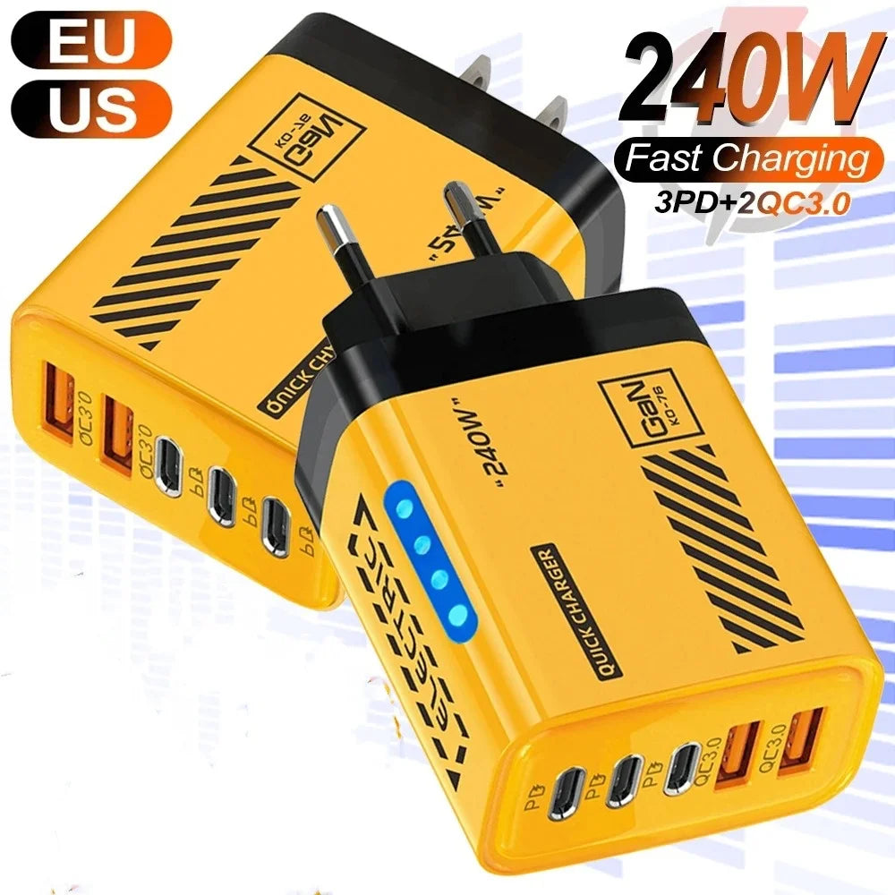 Desktop GaN Charger 240W 5-in-1 Fast Charging Charger 3PD 2USB for iPhone Samsung Xiaomi Tablet EU/US/UK Plug Wall Adapter